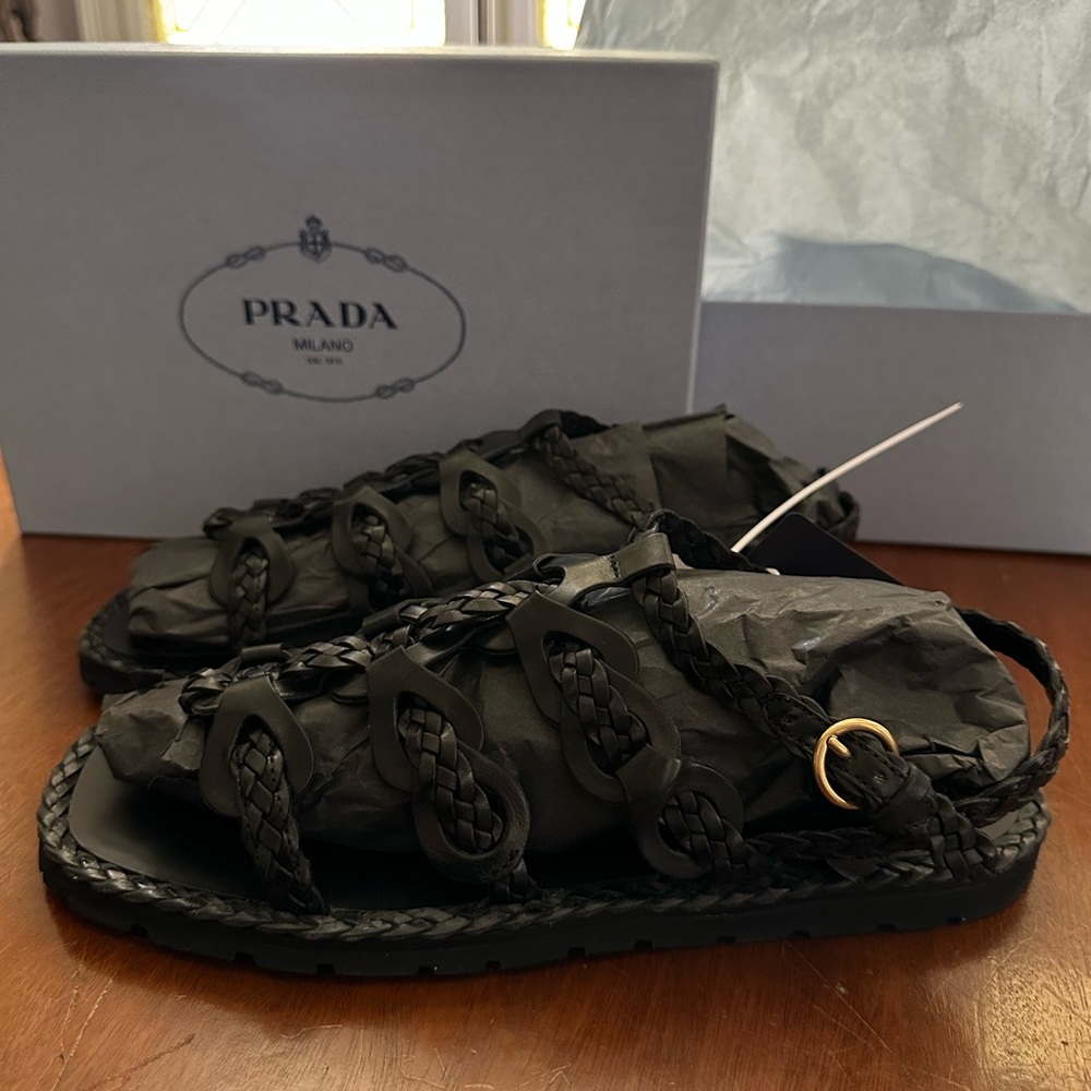 Prada Black Braided Leather Sandals